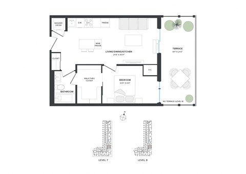 Floor plan for 1 bed, 1 bath, 554 sqft